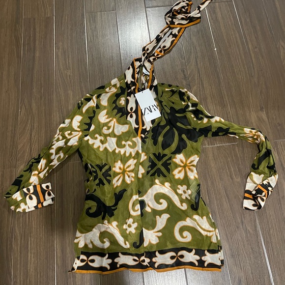 Zara Tops Zara Print Olive Green Neck Tied Blouse Poshmark